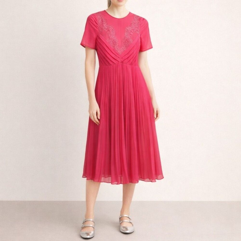 ASOS Fuchsia Pleated Midi Dress with Lace Yoke